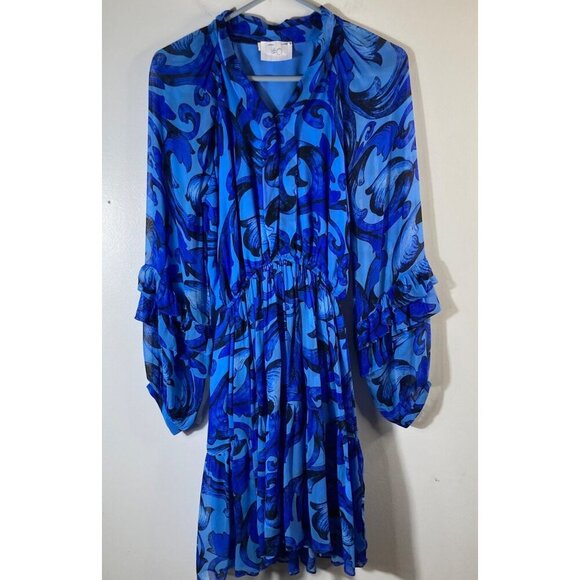 Womens Maude Vivante V Neck Ruffle Dress Long Sleeve Blue S #0 - Picture 1 of 9